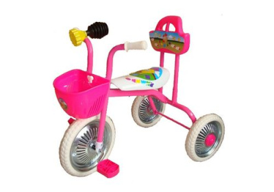 Велосипед 3-хколесный без ручки, c клаксоном, пласт. сиденье, металл колеса, диам. 10` и 8` розовый